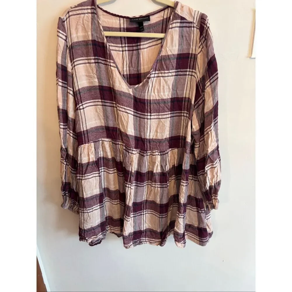Lane Bryant V Neck Plaid Flannel Long Sleeve Women SZ 22/24 - Picture 2 of 7